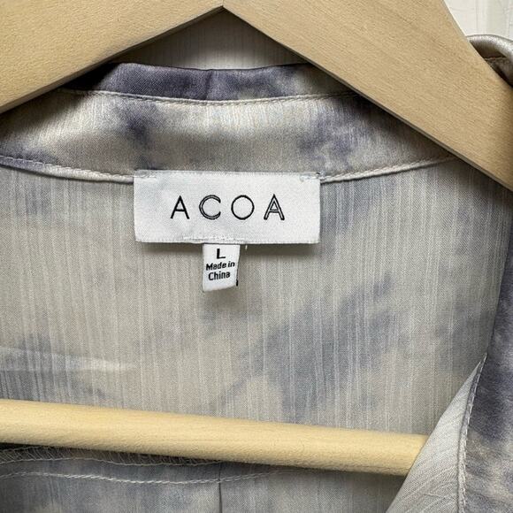ACOA Shimmery Silky Button Down Blouse, Gray and Cream, Size L - Picture 4 of 7